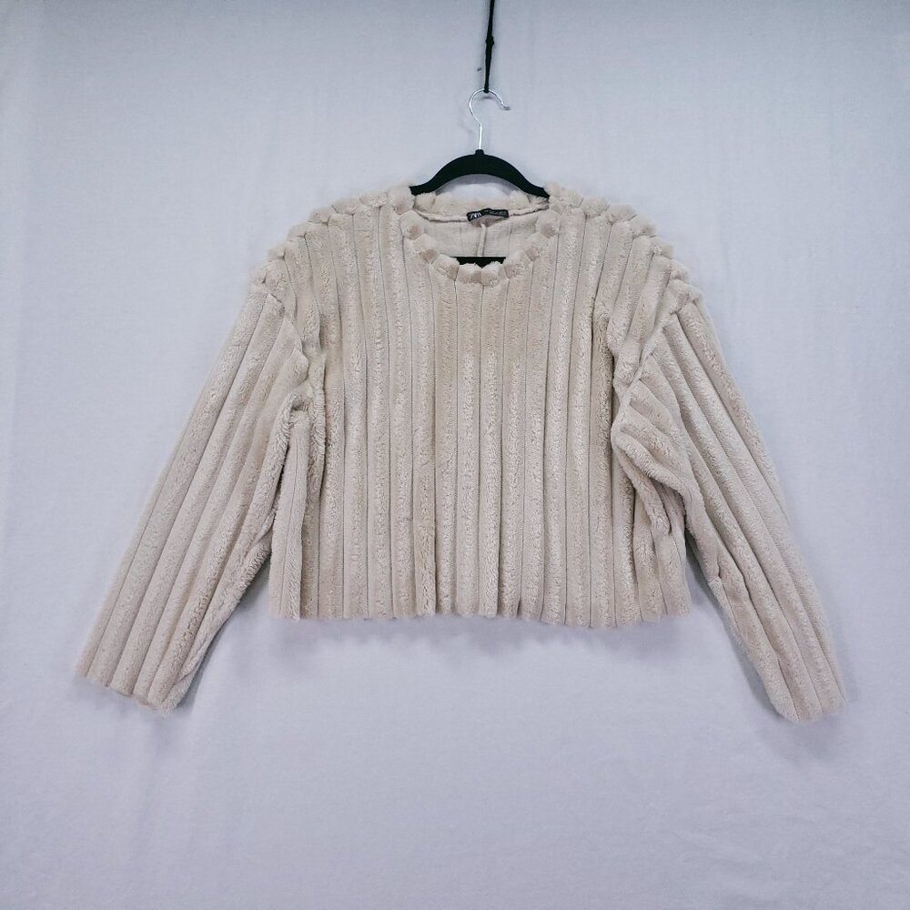 Zara Super Soft Ribbed Cropped Preppy Sweater Beige Pullover Top Size S